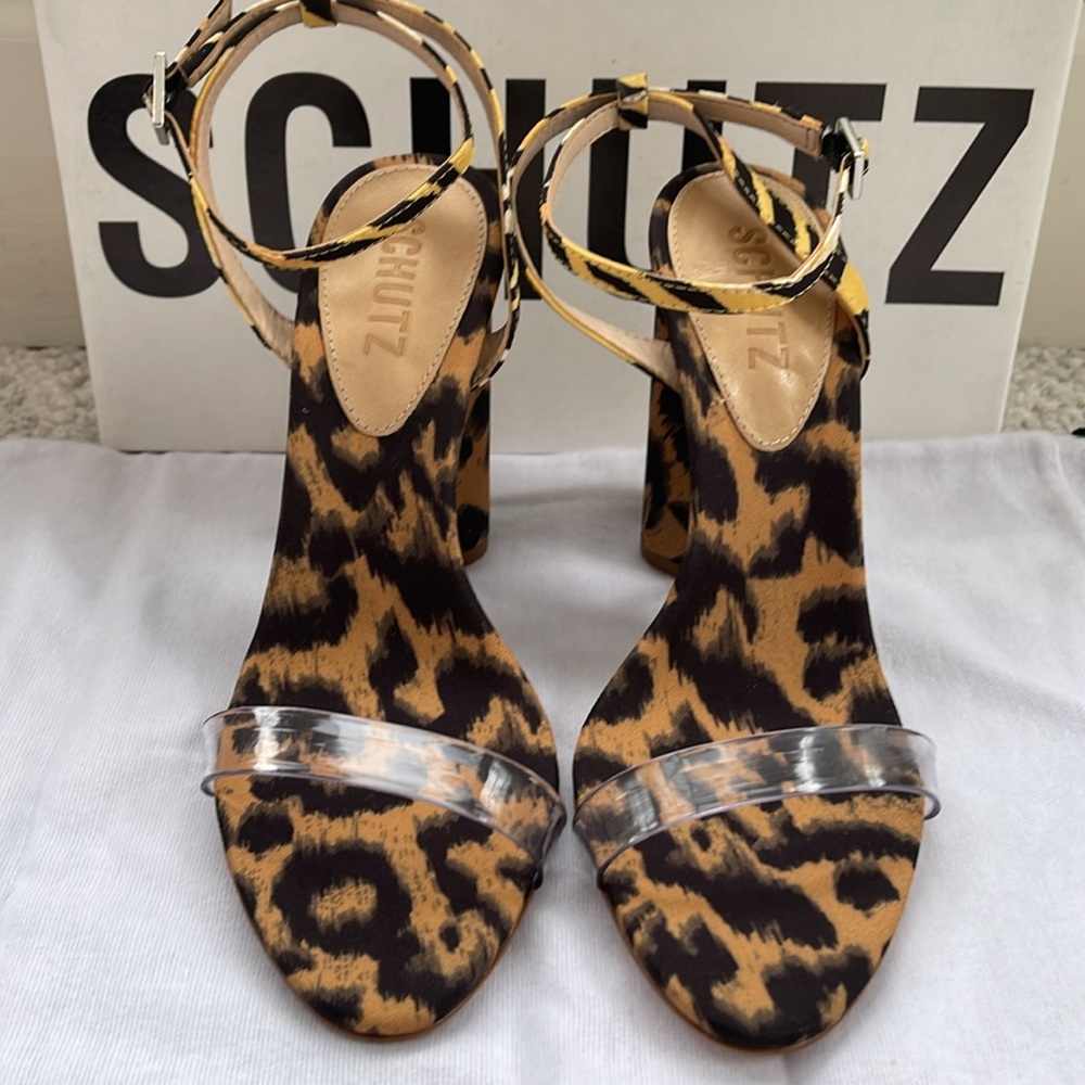 Schutz Animal Print Sandals, Covered Blocked Heel, Brand New in Box